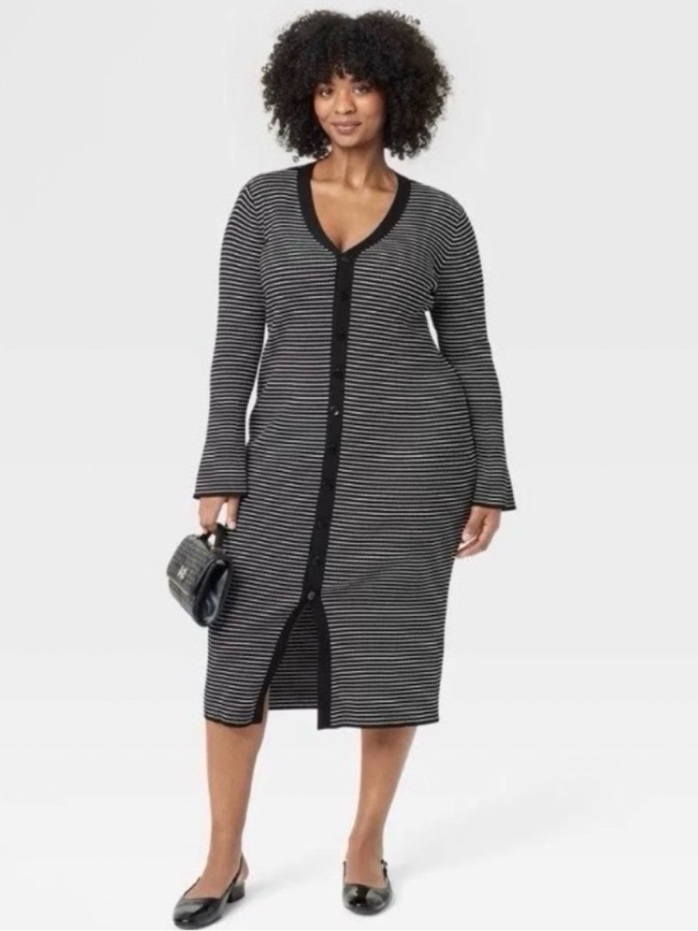 a new day Black White Stripe Ribbed Midi Dress Button Front Bell Sleeves XXL New